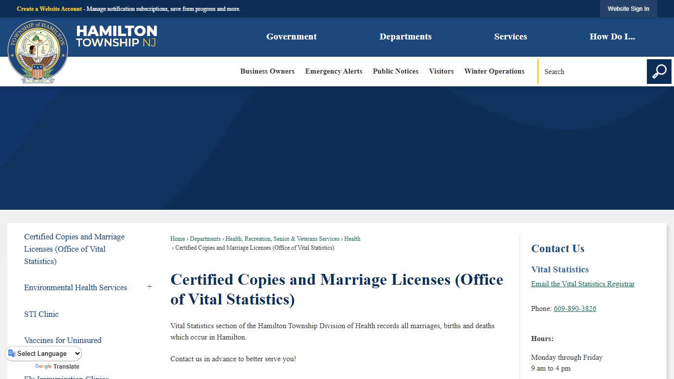Certified Copies and Marriage Licenses (Office of Vital Statistics) | Hamilton Township, NJ